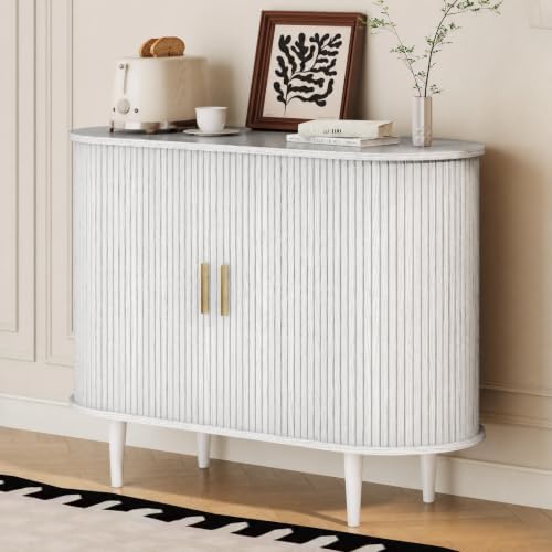 DHH Sideboard Buffet Cabinet with Storage,Mid Century Modern Fluted Accent Coffee Bar Console Table,Tambour Sliding Doors& Adjustable Shelf for Kitchen, Living Room, Entryway (White, 40 Inch) by DHHFurnitureBuyNow