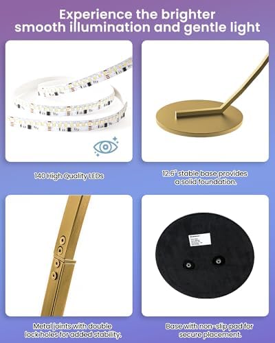 75" RGBW Gold Corner Lamp, Dimmable Arc Floor Lamp with Remote, Curved Lamp - Image 7
