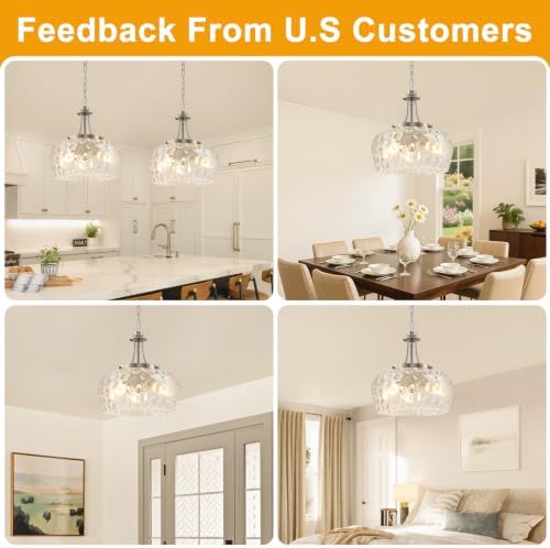 Modern Pendant Lights Kitchen Island, 3-Light Brushed Nickel Pendant Light Fixtures with 14.2" Clear Hammered Glass Shade, Hanging Pendant Lights Fixture for Kitchen Island Dining Room Foyer Entryway - Image 4