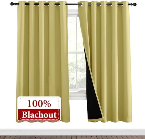 NICETOWN Paler Yellow Full Shade Curtain Panels, Pair of Energy Smart & Noise Blocking Out Blackout Drapes for Dining Room Window, Thermal Insulated Guest Room Lined Window Dressing(62 x 72 inch) - Image 2