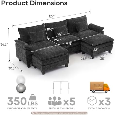 URRED Oversized Modular Sectional Sofa，Black：122" U Shaped - Image 2