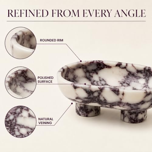 Calacatta Viola Marble Fruit Bowl, 10 Inch Large Oval Stone Fruits Holder with 2 Legs, Luxury Decorative Bowl for Kitchen Counter & Dining Table - Image 6