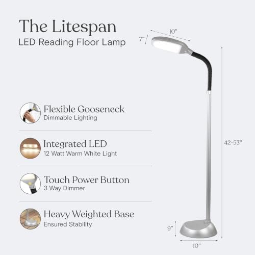 Brightech Litespan Titanium Silver LED Floor Reading Lamp, Energy Efficient, Adjustable Standing, 850-950 Lumens, 12W, 3-Year Warranty - Image 6