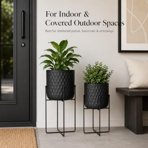 TRIROCKS Set of 2 Metal Planters with Stand, Small Indoor Plant Pots 8" D x 18" H & 7" D x 12" HModern Decorative Flower Pots for Living Room, Entryway, Office, Balcony(Black) - Image 5