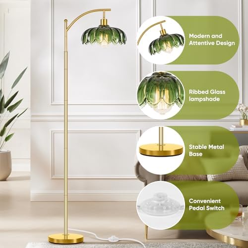 gernehop Gold Floor Lamp for Living Room,Unique Vintage Standing Tall Lamp,Mid Century Modern Floor Lamps Arc Green Glass Floor Lamps for Office Corner - Image 4