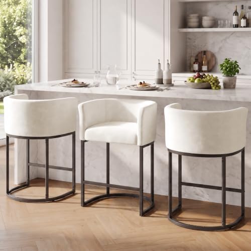 GRUSIGN Chenille Counter Height Bar Stools Set of 3, 26" Kitchen Island Stools with Arms & Footrest, Upholstered Barrel Back Bar Chairs for Kitchen， Dining Room, Bar & Lounge Area, Off-White by GRUSIGN