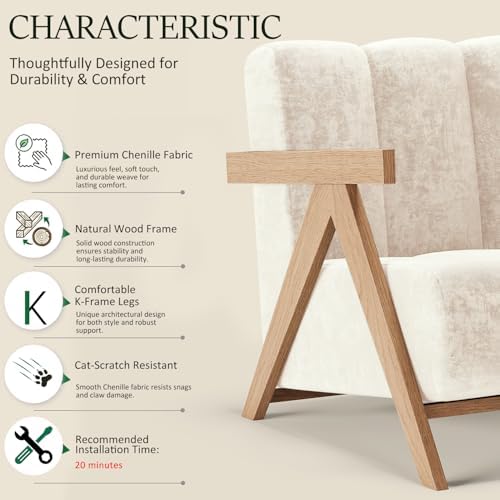 Modern Accent Chair Set of 2 for Living Room Bedroom,Comfy Chenille Reading Chair with Wood Frame,Upholstered Lounge Armchair with Thick High-Elastic Sponge for Apartment & Waiting Room(White,2) - Image 4