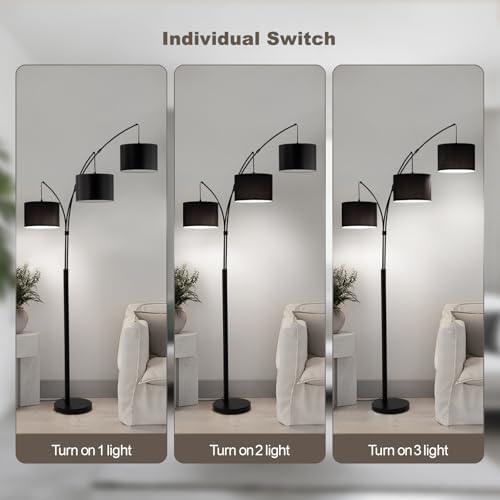 Floor lamp with Remote, 3 Light Arc Floor Lamps for Living Room, 2400LM Tall Standing Floor Lamps with Black Shades, 80" Large Floor Lamp for Bedroom, Office - Image 4
