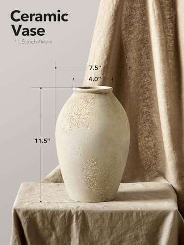 LE TAUCI Ceramic Vase, 11.5 Inch Large Rustic Farmhouse Vase, Tall Vase for Home Decor, Living Room Table & Mantel Centerpiece, Watertight & Sturdy, Matte Sandy Beige White - Image 2