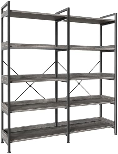 Huuger 5 Tier Bookshelf, Display Bookshelf with 10 Open Shelves and Raised Baffle, 47.2 Inch Straight Wide Bookcase with Metal Frame and Wooden Board, Adjustable Feet, Grey by Huuger