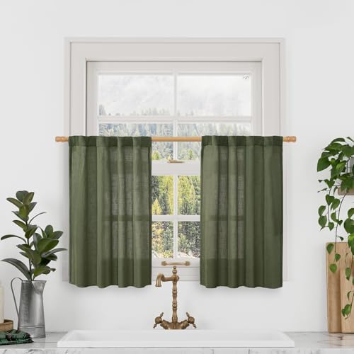 LAMIT Olive Green Linen Kitchen Curtains 30 Inch Length, Semi Sheer Panels by LAMIT