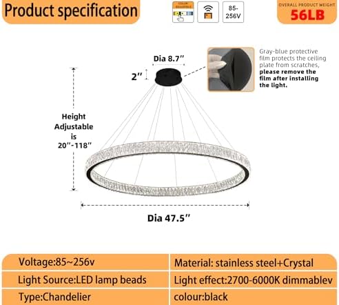 Modern LED Dimmable Crystal Chandelier 47.5" Ring Pendant Light Adjustable Round Chrome Crystal Chandelier Light Fixtures for Dining Room Living Room - Image 2