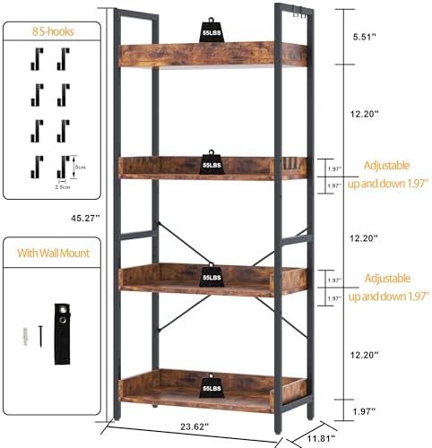 HCHQHS 4 Tier Bookshelf, Adjustable Industrial Bookcase, Vertical Tall Book Shelf, Wood and Black Metal Open Bookshelves for Home Office, Living Room, Bedroom - Image 3