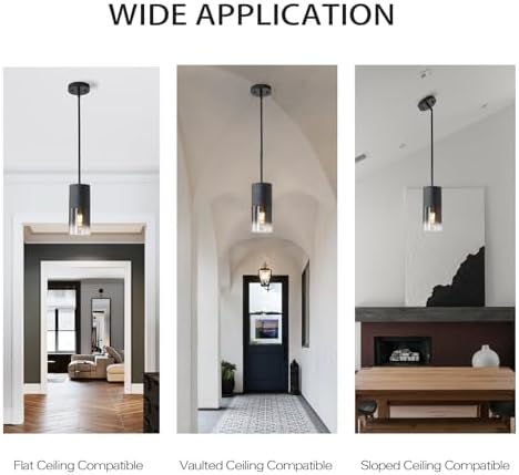 Pendant Light Fixtures, Adjustable Modern Pendant Lights for Kitchen Island, Industrial Glass Pendant Lights for Dining Table Hallway Bedroom Living Room Black 2 Packs - Image 5