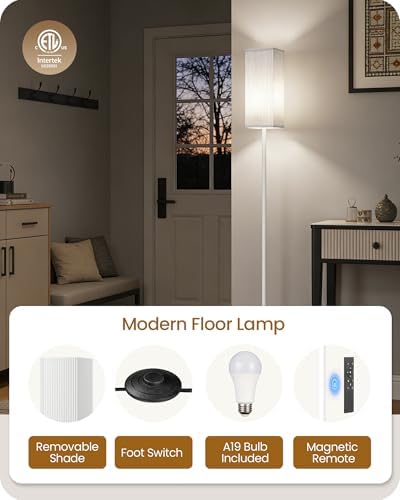 64.2'' Dimmable Floor Lamp for Living Room with Remote and Foot Switch, Corner Floor Lamp for Bedroom, Includes 10W A19 Bulb, Modern Standing Tall Lamp, ETL Listed, White WCW17LD05 - Image 4