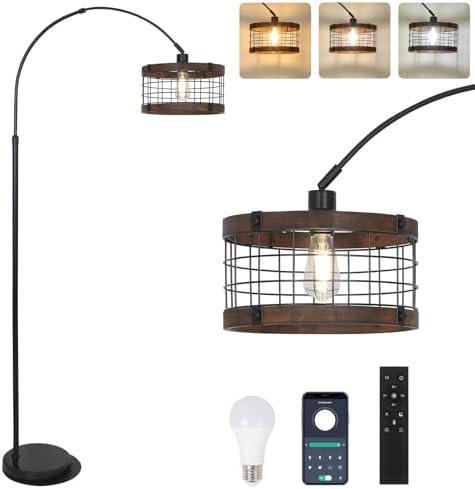 Arc Floor Lamps for Living Room with Remote and Dimmable LED Bulb, Vintage Wood Floor Lamp for Bedroom, Farmhouse Standing Lamp for Corner, Industrial Black Tall Lamp, Over Couch Arched Reading Light by Airposta