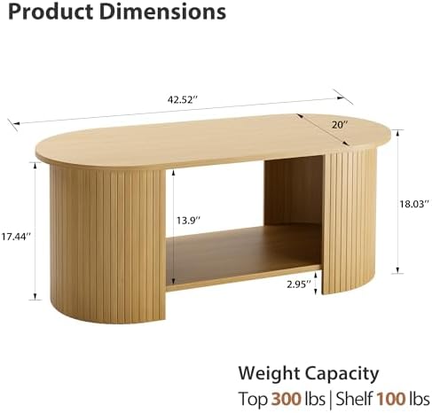 42" Oval Fluted Coffee Table, 2-Tier Center Table with Large Storage, Mid-Century Modern Wood Coffee Table for Living Room, Home Office, Small Space, Oak - Image 2