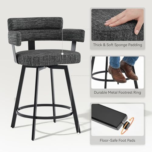 Counter Height Bar Stools with Full Back – Swivel Counter Stools Set of 2 with Linen Padded Back, Metal Footrest, Modern Barstools for Kitchen Counter, Island, Dining Room, Black 24 inch - Image 5