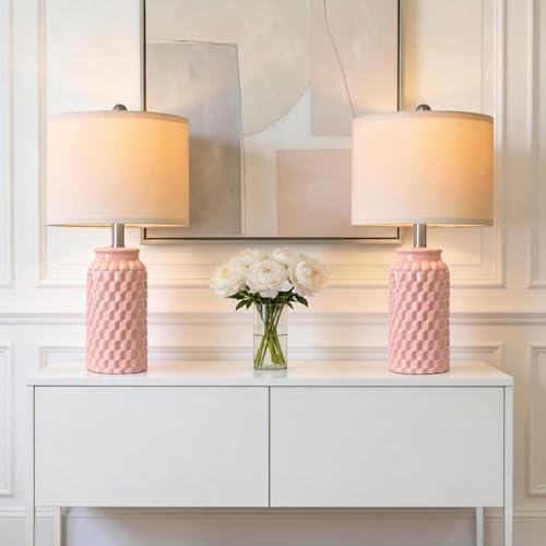 20.5" Small Bedside Lamps Set of 2, Pink Ceramic Nightstand Lamp by VORTETHER