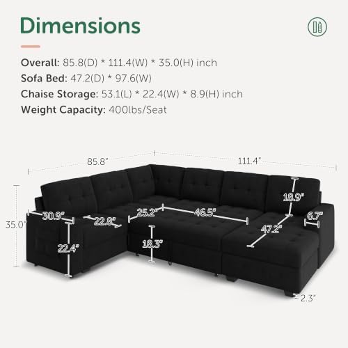 HONBAY Modular Sectional Sleeper Sofa with Pull Out Bed, U Shaped Sleeper Couches with Storage Chaise, 114'' Sleeper Sectional Sofas for Living Room, Apartment (Velvet Black) - Image 3