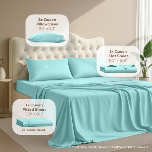 Queen Sheets Set, 4 Pieces 16" Deep Pocket Hotel Luxury Bedsheets, Spa Blue - Image 2