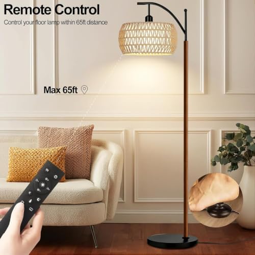 ILLMTW Boho Floor Lamp for Living Room,Bedroom,Rattan Standing Lamp with Remote Dimmable,Wood Vintage Mid Century Modern Tall Lamp Wicker Lamp Shade Floor Lights Bohemian Tiffany Style - Image 3