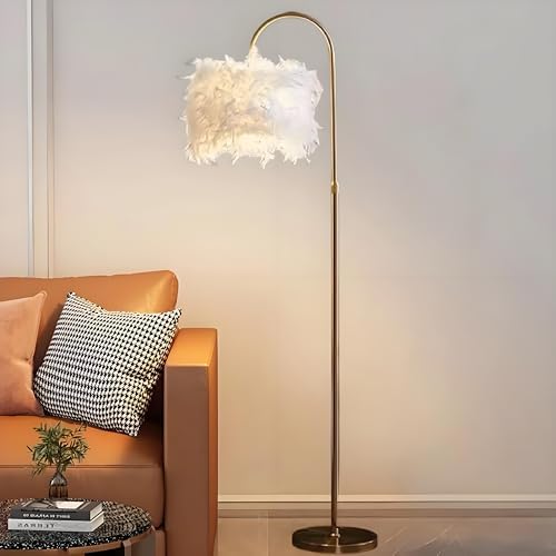 Arc Feather Floor Lamp, Gold Modern LED Feather Standing Lamp, Natural Feather Decorative Tall Lamp with Foot Switch, Brass/Gold Finish, for Living Room Bedroom Office Shop Window - Image 6
