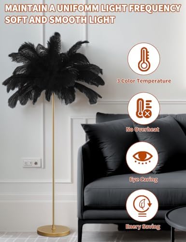 Feather Floor Lamp,Fluffy Ostrich Feather Floor Lamp for Bedroom,3 Color Temperatures Led Corner Modern Floor Lamps for Living Room Christmas Home Decor House Warming Gifts,63″ Height (Black) - Image 5