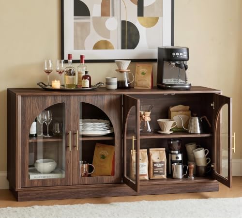 FORTUNETEC 64" Sideboard Buffet Cabinet with Arched Glass Doors,Dark Walnut - Image 5