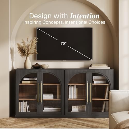 BELLEZE 65" Arched Sideboard with Glass Door, Accent Buffet Cabinet with Storage and Adjustable Shelves, Classic Modern Large Console Table for Dining Room Living Room Entryway (Ebony) - Image 3