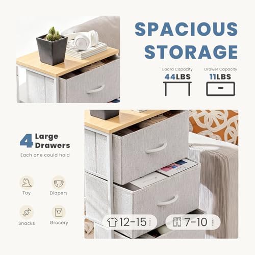DUMOS Nightstand with 4 Drawers Bedside Table with Removable Fabric Bins Sturdy Steel Frame Wood Top Organizer Furniture for Bedroom Closet Living Room, Ash - Image 3
