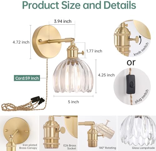 Shenmoyl Plug in Wall Sconce, Transparent Tulip Glass Lampshade Wall Light Plugin Corded for Bedside Bedroom Doorway - Image 5