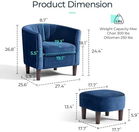 LINSY Accent Chair with Ottoman, Modern Barrel Chair Small Armchair Reading Chair with Footrest, Comfy Round Arms Chair for Living Room Bedroom Reading Room, Velvet, Blue - Image 2