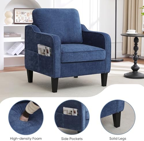 Accent Chair for Living Room, Mid Century Modern Reading Chair for Bedroom, Upholstered Armchair with Side Pockets, Comfy Single Sofa Side Chair for Office, Apartment, Small Room, Blue - Image 4