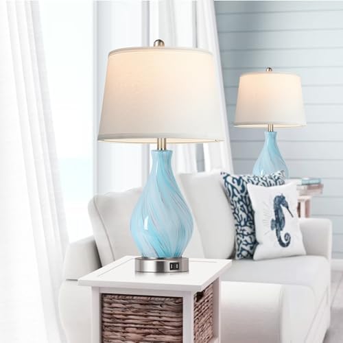 Modern Accent Table Lamp Set of 2 Touch Control, 22" Faded Swirl Blue Gray Art Glass Bedside Lamp with USB Ports, 3-Way Dimmable Hand Crafted Nightstand Lamps White Drum Shade for Living Room Bedroom - Image 6