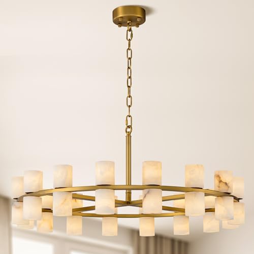 Alabaster Round Chandelier, Natural Spanish Stone Texture Chandeliers, D31in Round Chandeliers for Dining Room Chandelier Light Fixture for Kitchen Living Room Foyer Entryway Hallway (Brass) by Plsintly