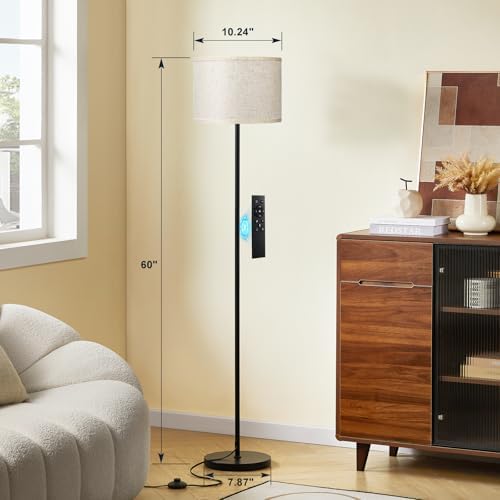 Ambimall 60'' Modern Floor Lamp with Remote, Tall Lamps for Living Room, Bedroom, Office, Dining Room, Beige Shade with Black Pole(Included Bulb) - Image 2
