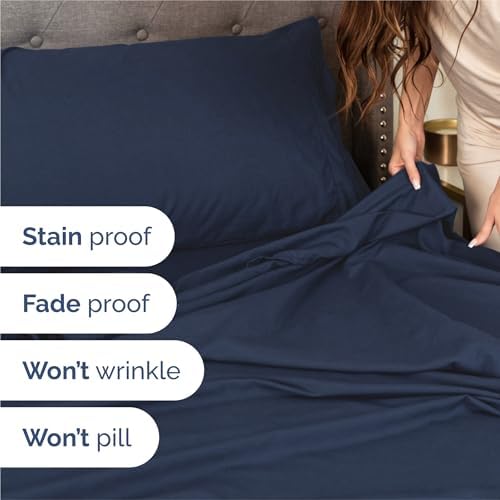 King Size 4 Piece Sheet Set - Comfy Breathable & Cooling Sheets - Navy Blue - Image 5