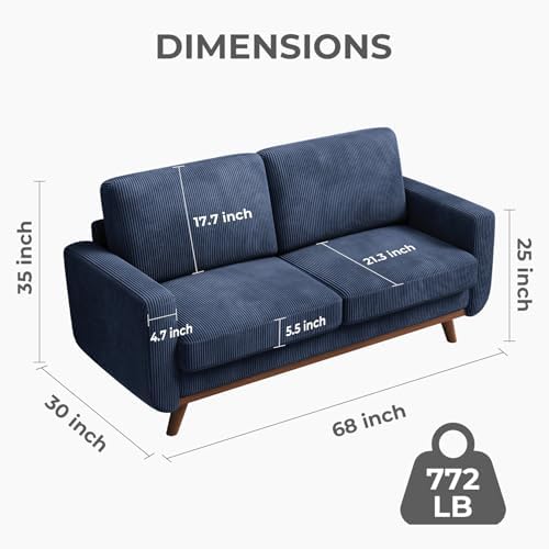 Vesgantti 68" Loveseat Sofa Dark Blue, Comfy Corduroy Couch with Spring Cushion and Solid Wood, Modern Extra Deep Seat for Bedroom, Living Room, Office - Image 2