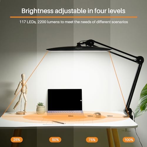 20-Inch LED Desk Lamp with Clamp, 24W 2200LM, Black - Image 2