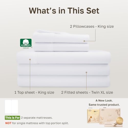 California Design Den 100% Cotton Sateen Split King Sheets, 5 Pcs, White - Image 4
