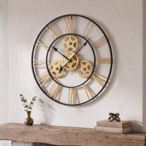 Cuspin 24 Inch Wall Clock Black Gold Industrial Metal Gear Decorative Clock by Cuspin
