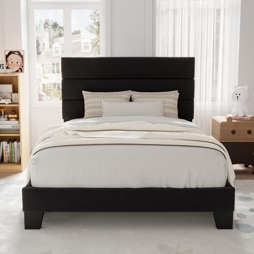 Allewie Twin Size Platform Bed Frame with Velvet Upholstered Headboard - Image 3