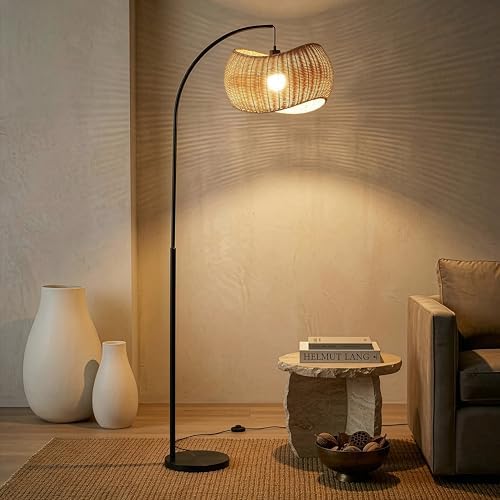 Brightech Wave Arc Floor Lamp - Chic Standing Lamp with Unique Hanging Wicker Pendant Shade for Living Room, Boho Rattan Natural Decor Lamp, Arcs Over Sofa, Bedroom & Office Desk for Reading - Black by Brightech