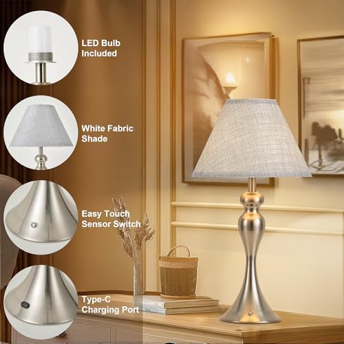 Cordless Table Lamp Rechargeable, Battery Night Light Fabric Shade, Nickel - Image 6