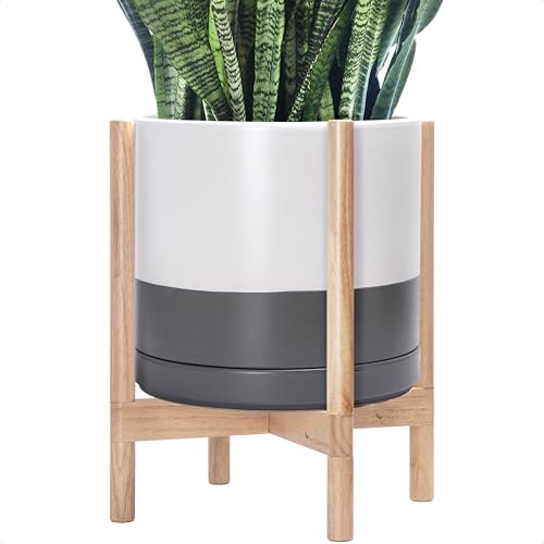 D'vine Dev Ceramic Pot with Natural Wood Stand, White/Grey, 14 in, 55-B-R-6 by DvineDevPlanterPotsandStand