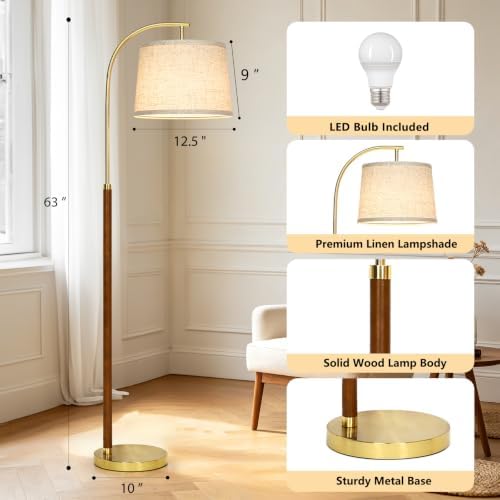 CINKEDA Wood Arc Floor Lamp,63" Tall Mid Century Modern Standing Lamp with Foot Switch & 3 Color Temperatures,Vintage Floor Lamps for Living Room Bedroom Office Reading Corner (Bulb Included),Walnut-A - Image 2