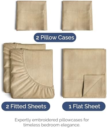 Split King Size 5 Piece Sheet Set - Breathable & Cooling - Heathered Tan - Image 2