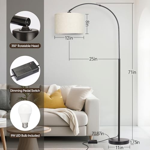 Dimmable Floor Lamp, Arc Floor Lamp with Dimmer, Black Standing Lamp with Adjustable Hanging Shade, Over Couch Tall Reading Light, Modern Pole Lamp for Living Room Bedroom, 9W LED Bulb Included - Image 2