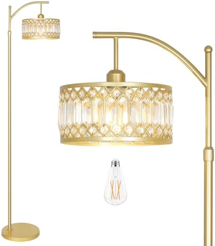 Gold Floor Lamp, Arc Floor Lamp for Bedroom, Standing Lamps for Living Room, Crystal Mid Century Modern Tall Lamp, Corner Stand Up Lamp, Height Adjustable Arched Brass Reading Lamps (Bulb Included) by ARTMOOY